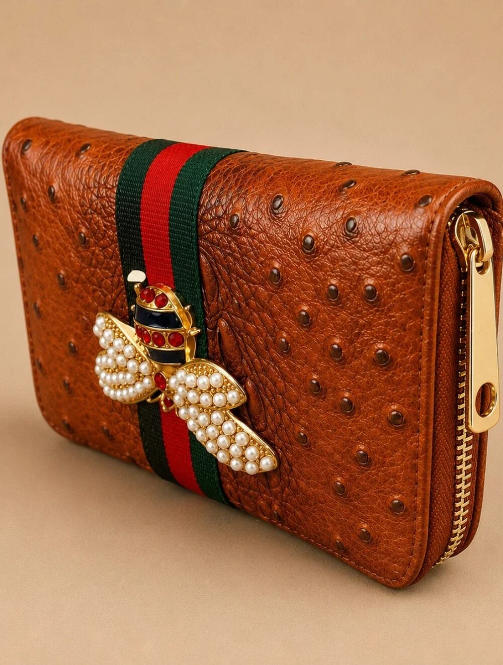 Brown Faux-Ostrich Backpack & Wallet Set with Green-Red Stripe and Bee Accent